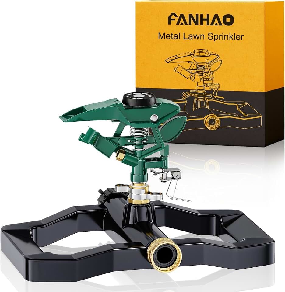 FANHAO Heavy Duty 360 Degree Pulsating Impact Sprinkler, Adjustable Lawn Sprinkler with Metal Base, Covers Up to 5,800 Sq. Ft, Large Area Irrigation System for Lawn, Garden Plant & Patio Cooling