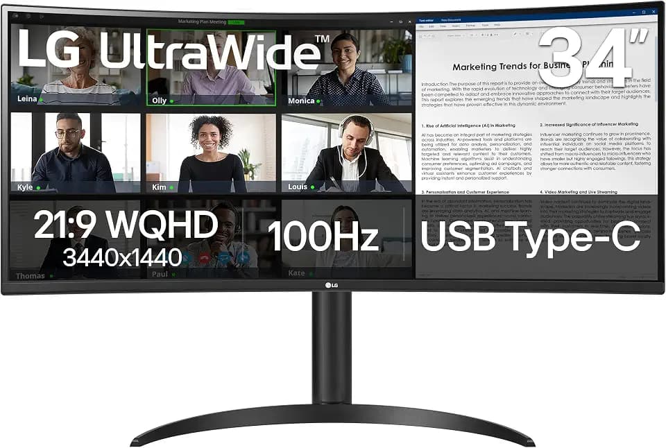 LG 34WR55QK-B 34-inch UltraWide WQHD (3440 x 1440) Curved Computer Monitor, 100Hz, 5ms, HDR10, Reader Mode, HDMI, DisplayPort, USB Type-C, Tilt/Height Adjustable Stand, Black