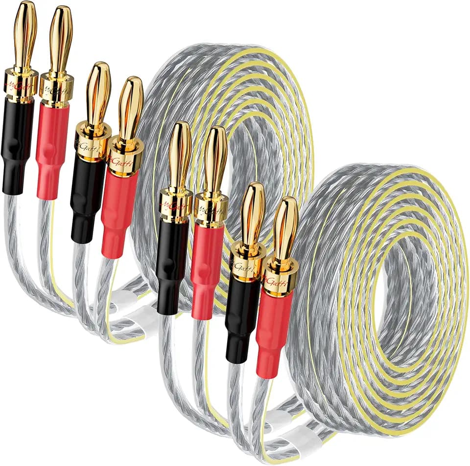 2 Pack 16/2 Speaker Flat Wire Cable with Banana Tip Plugs 10 FT, 16 Gauge AWG Wire, Tinned OFC Copper, Transparent Jacket with Yellow Polarity Marker, for Indoor & Outdoor, Hi-Fi