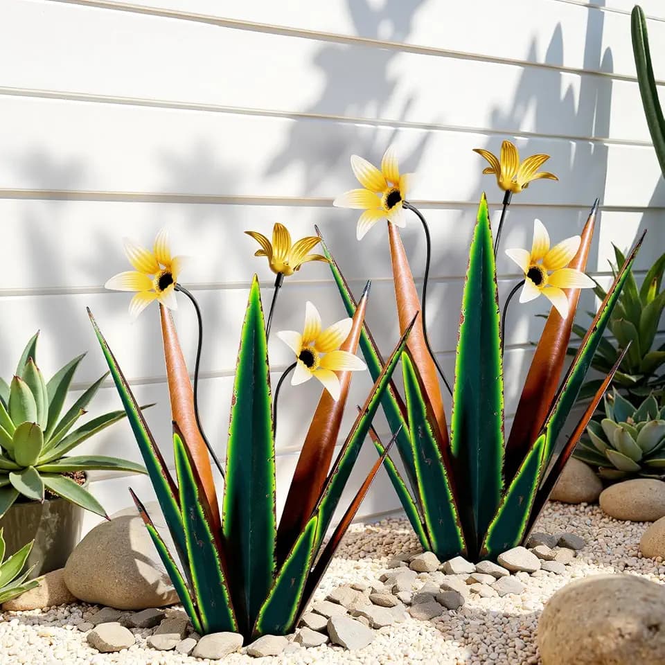 2-Piece Retro Green Metal Agave Sculptures with Flower Accents