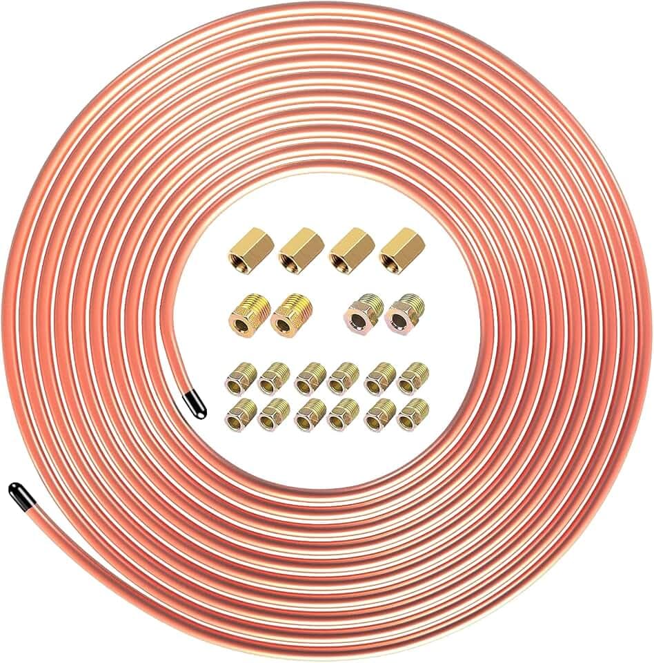 25 Ft Copper‑Coated Brake Line Kit, 1/4" Tubing Coil with 20 Fittings