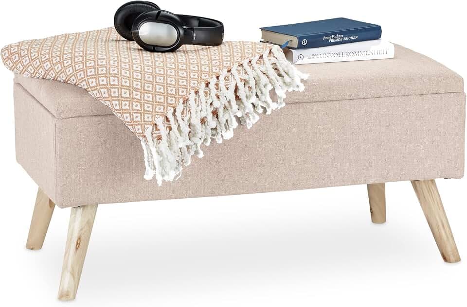 Relaxdays Sitzbank mit Stauraum, gepolstert, Holzbeine, Truhenbank Stoffbezug, HxBxT: 39,5 x 79,5 x 39,5 cm, beige