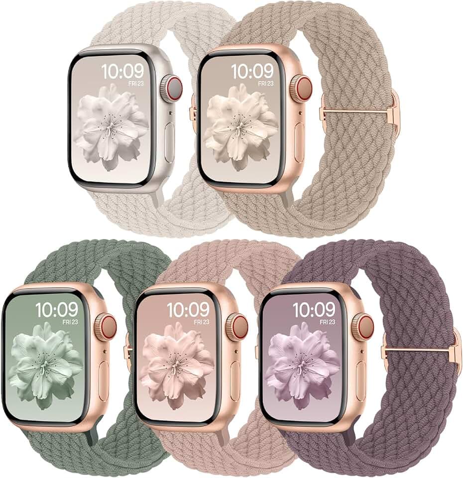 Geflochtenes Armband Kompatibel mit Apple Watch 42mm 44mm 45mm 46mm 49mm, Elastisches Nylon Stoff Band für Apple Watch 11 10 9 8 7 6 5 4 3 2 1 SE 3 SE 2 SE Ultra 3 Ultra 2 Ultra, 5 Stück