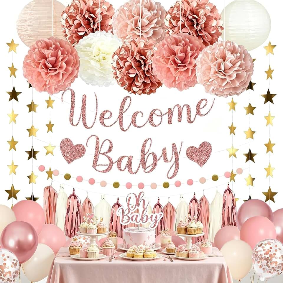 Amandir Rose Gold Baby Shower Decorations for Girl Welcome Baby Banner
