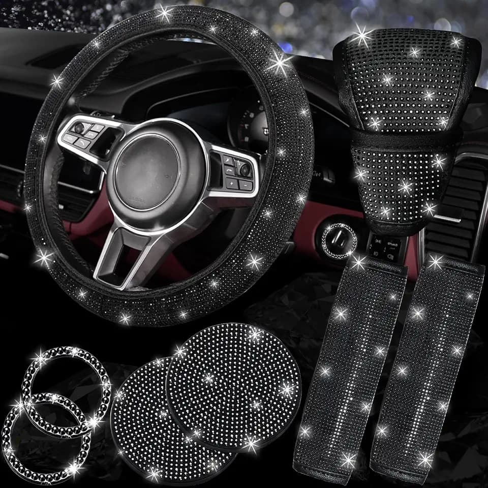 NBTEPEM 8 pcs Bling Car Accessories Set for Women, Steering Wheel Cover, Sparkly Seat Belt Covers, Bling Gear Shift Cover, Universal Fit Most Cars (Black Diamond)