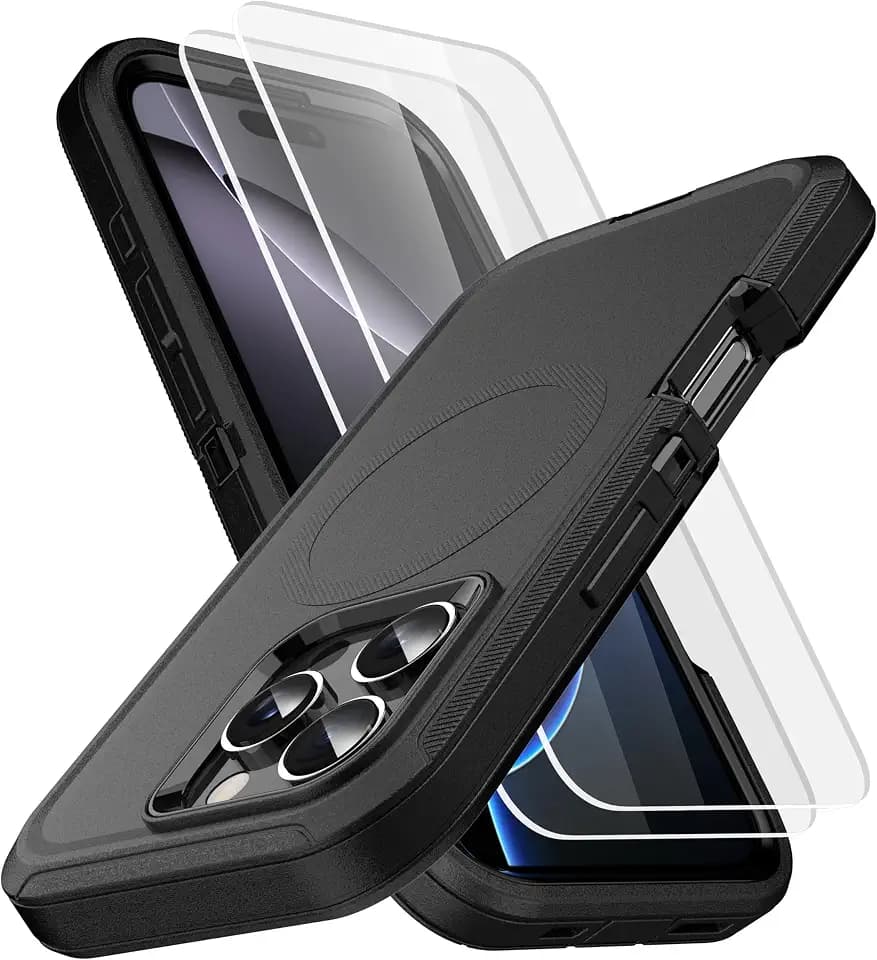 MXX for iPhone 16 Pro Case, Heavy Duty 3-Layer Rugged Cover with Tempered Glass Screen Protector, Shockproof Dustproof Anti-Drop Full Body Protection (6.3") – Black
