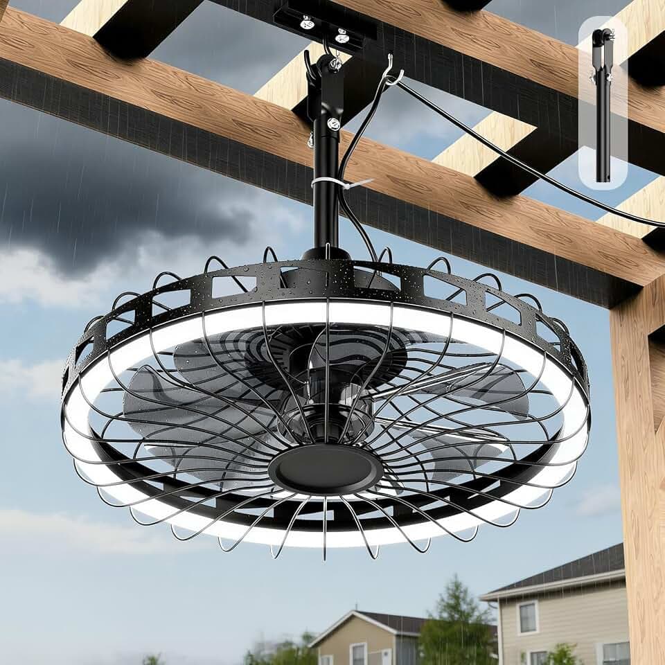 20" IP65 Waterproof Outdoor Ceiling Fan with Light, Plug-in Caged Hanging Fan, 3CCT Dimmable & 6-Speed Adjustment for Patio Porch Pergola Gazebo