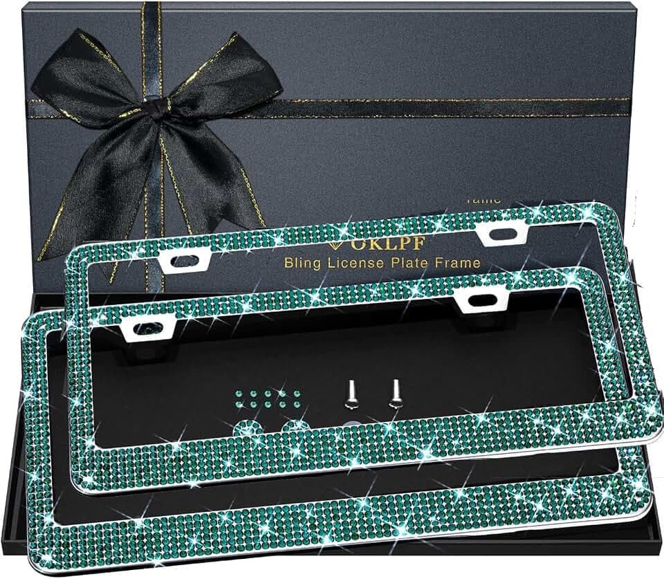 OKLPF Bling License Plate Frame for Women, 2PCS, Clear Rhinestone, Green