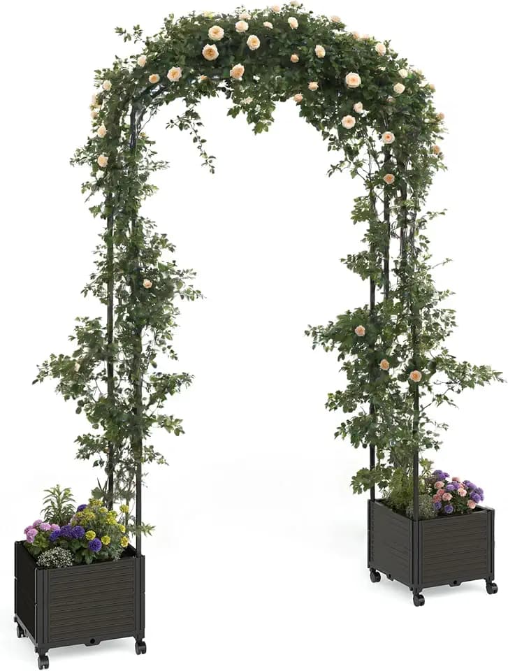 47" Rolling Garden Arch Trellis with Planter Box – Rustproof Metal Frame