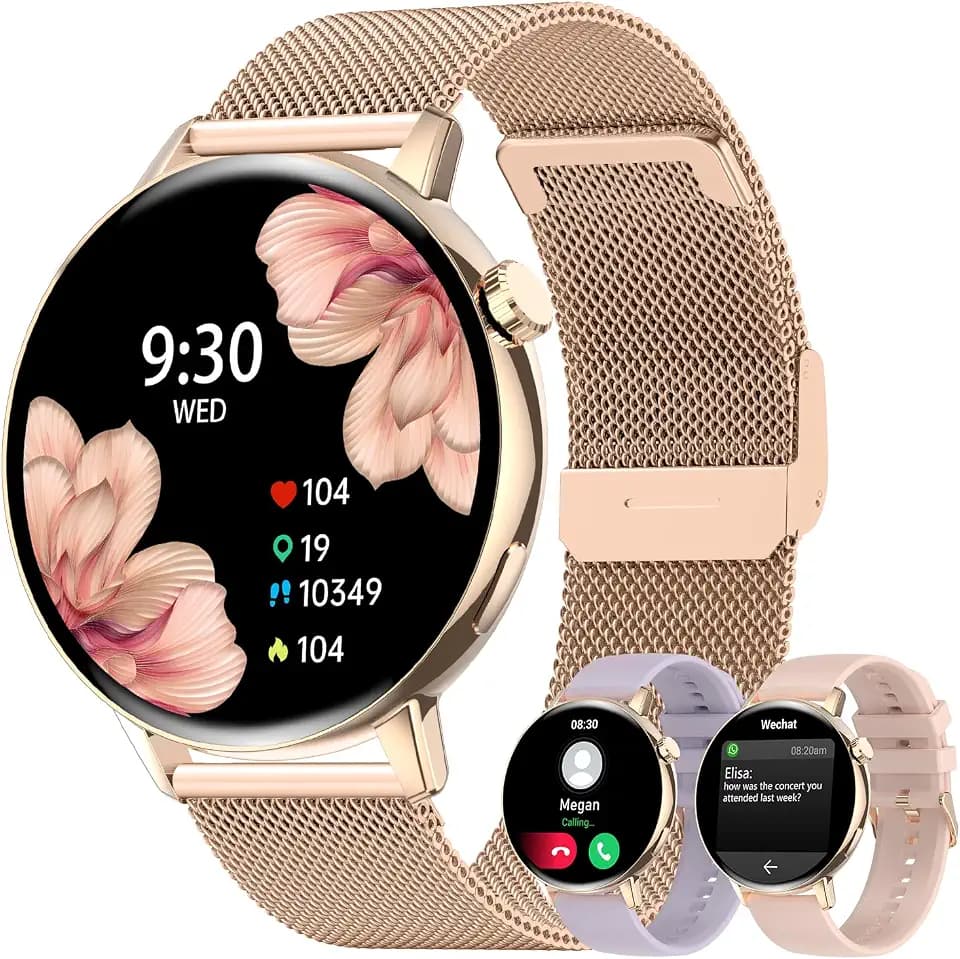 Smartwatch für Damen, rund, Anruf und Antwort, Sprachassistent, Fitness-Tracker, Sportuhr, Schrittzähler, mit Herzfrequenzmesser, Stoppuhr, 3 wasserdichtes Armband für Android iOS