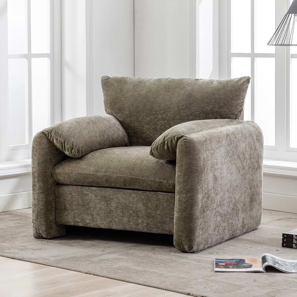 GDFStudio Modern Chenille Oversized Armchair, 37.6" Wide Accent Chair, Comfy Upholstered Reading Chair for Living Room, Bedroom, Single Sofa Lounge with Wide Seat, Green