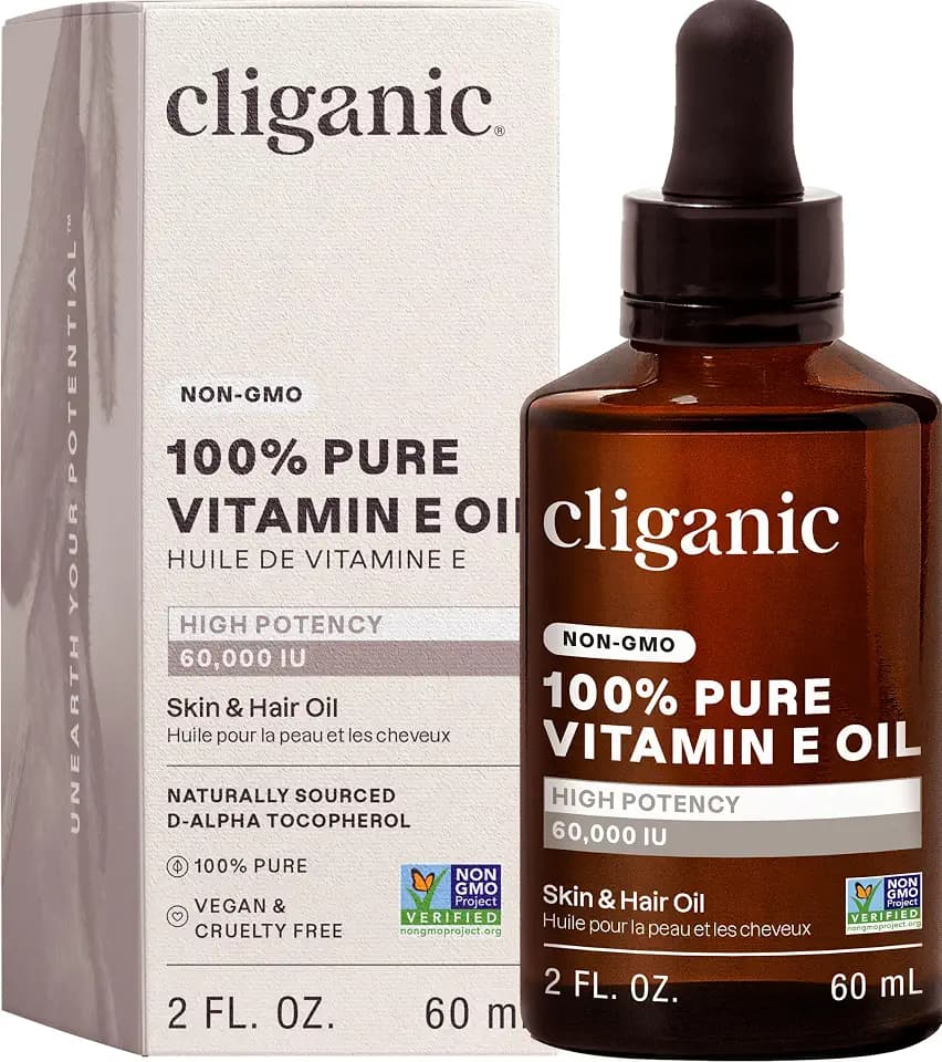 Cliganic Pure Vitamin E Oil for Skin, Scars, Face & Hair, 60,000 IU, 2 oz