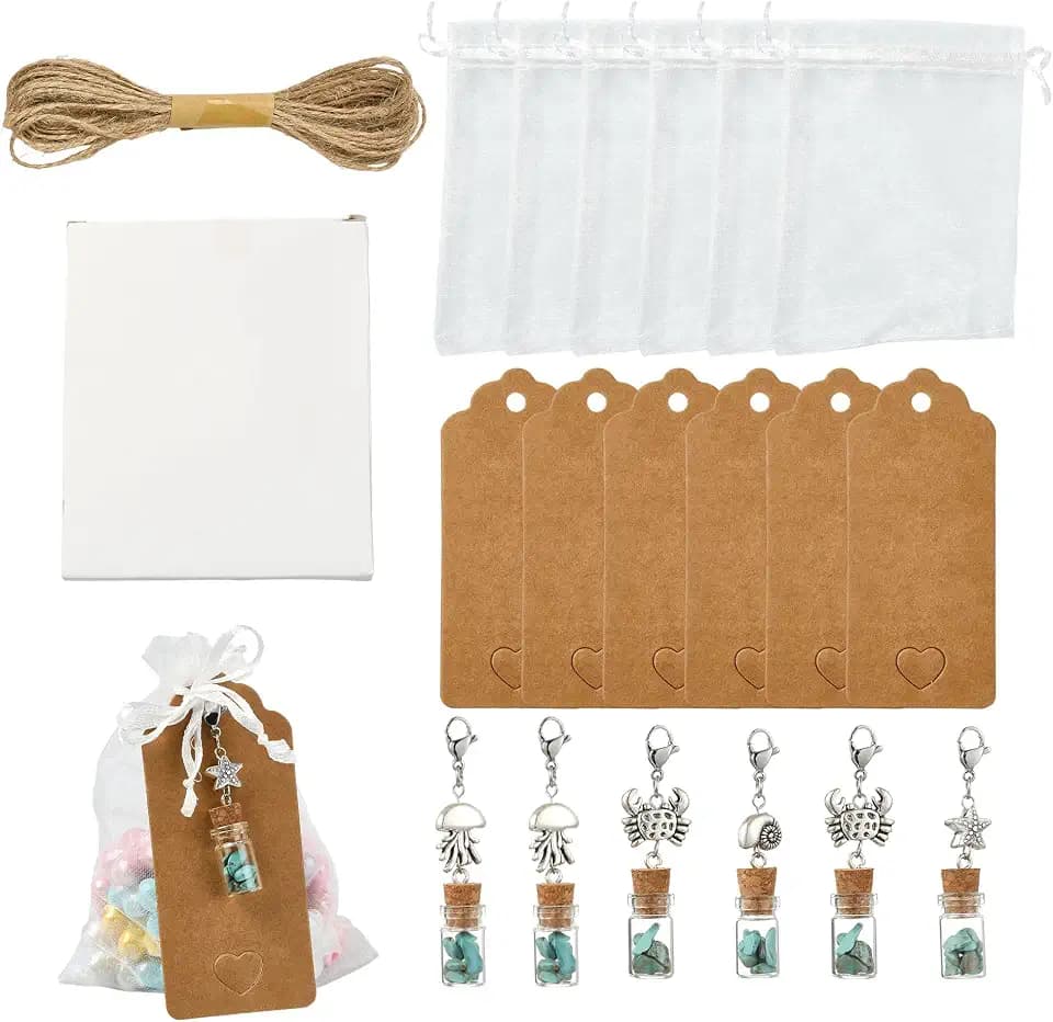 19Pcs Party Favors Small Sea Animal Glass Bottle with Synthetic Turquoise Pendant Decorations with White Organza Gift Bags Paper Hang Tags Jute Twine for Graduation Students Birthday Gifts