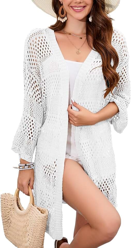 Famulily Damen-Strickjacke, gehäkelt, 3/4-Ärmel, vorne offen, lässiger Cardigan, Sommer, Outwear