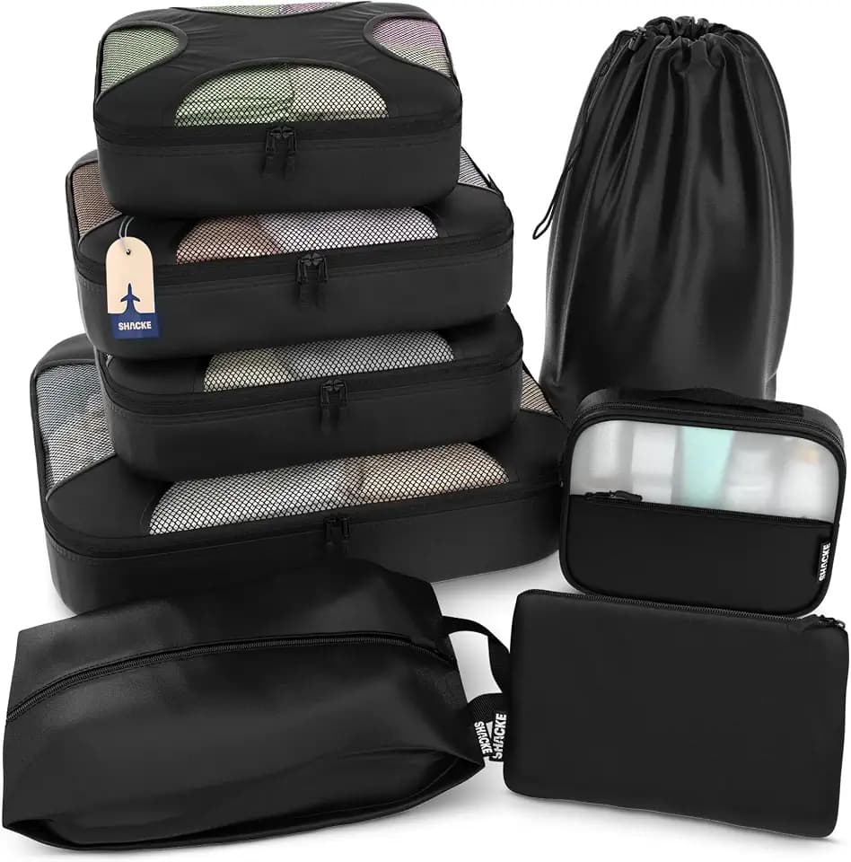 Shacke 8 Set Packing Cubes for Travel, Shoe & Toiletry Bags (Black)