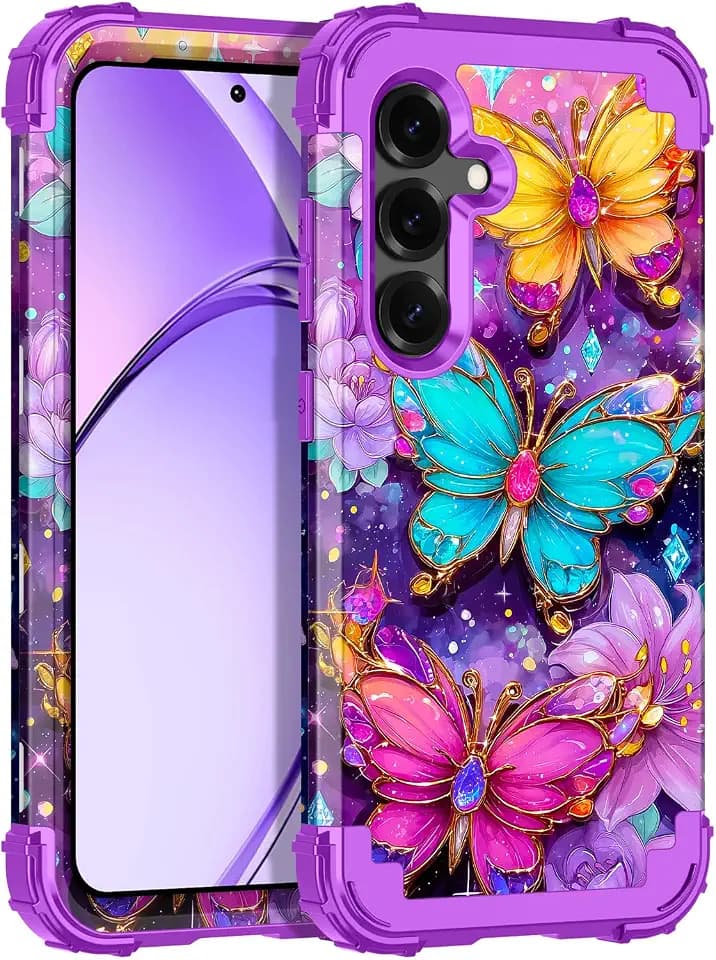Rancase for Galaxy S25 Case,Three Layer Heavy Duty Shockproof Protection Hard Plastic Bumper +Soft Silicone Rubber Protective Case for Samsung Galaxy S25,Glow in The Dark-Purple Gold