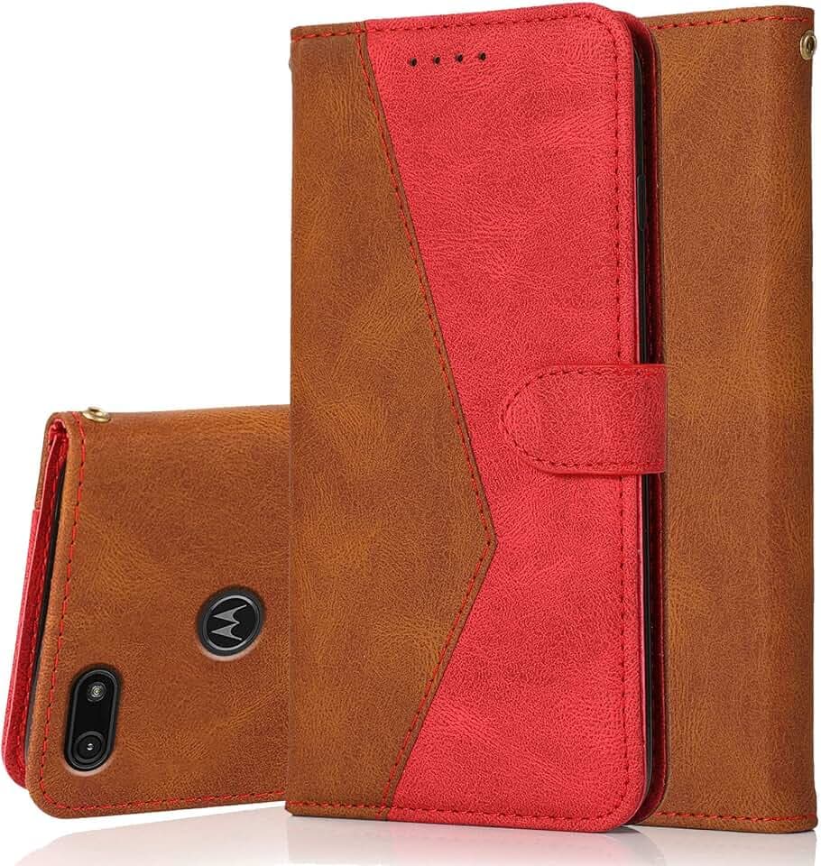 Radoo Kompatibel mit Motorola Moto E6 Play Hülle, Premium PU Leder Tasche Case Klappbar Handyhülle mit [Kartenfach] [Magnet] Cover Flip Case 360 Grad Rundum Komplett-Schutz Klapphülle (Rotbraun)
