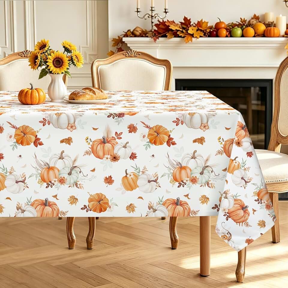 Herbst Tischdecke Kürbis Orange Weiß Blätter Ahornblätter 140x220