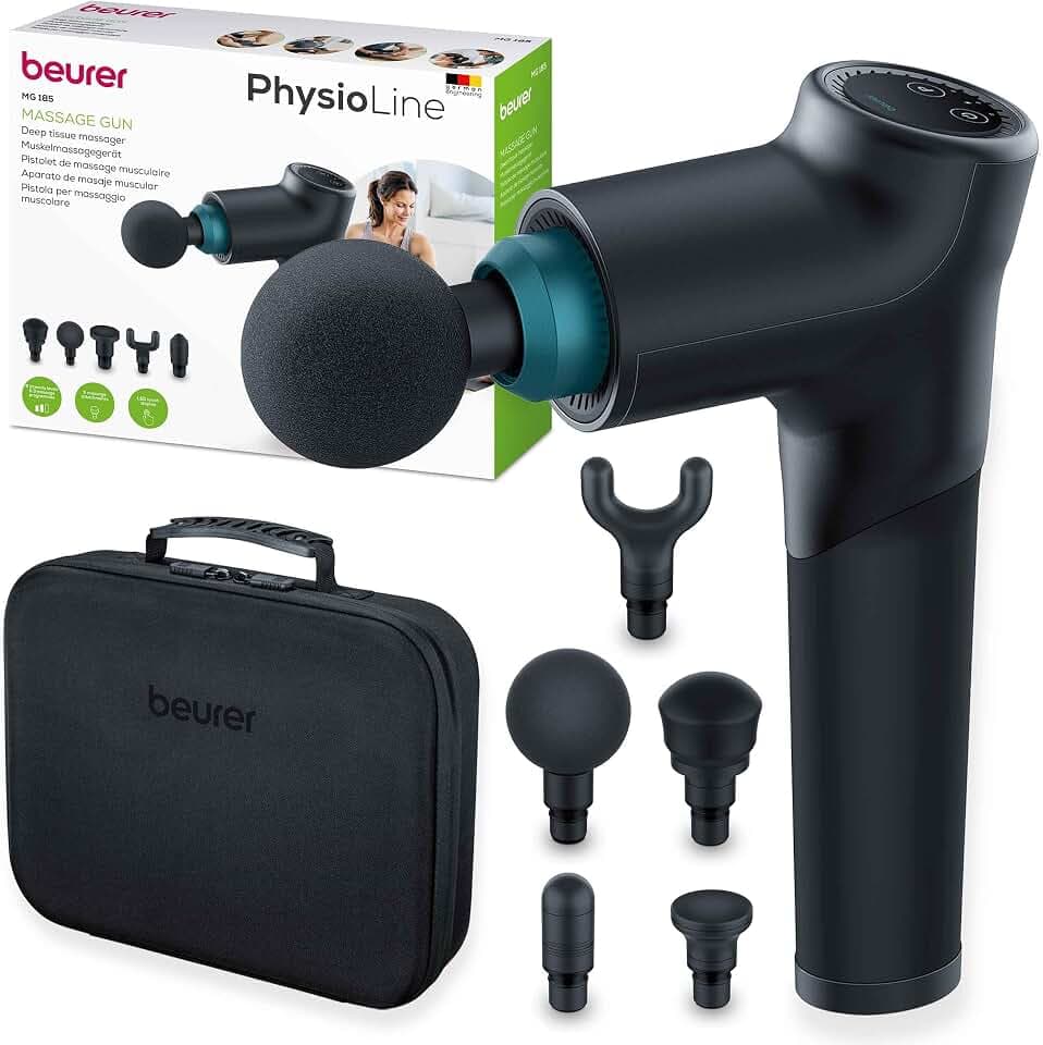 Beurer MG 185 Massagepistole, Massage Gun mit 5 Aufsätzen, kraftvolle Triggerpunktmassage, Lockerung von Verspannungen, Muskelmassagegerät mit 9 Intensitätsstufen, mit Akku