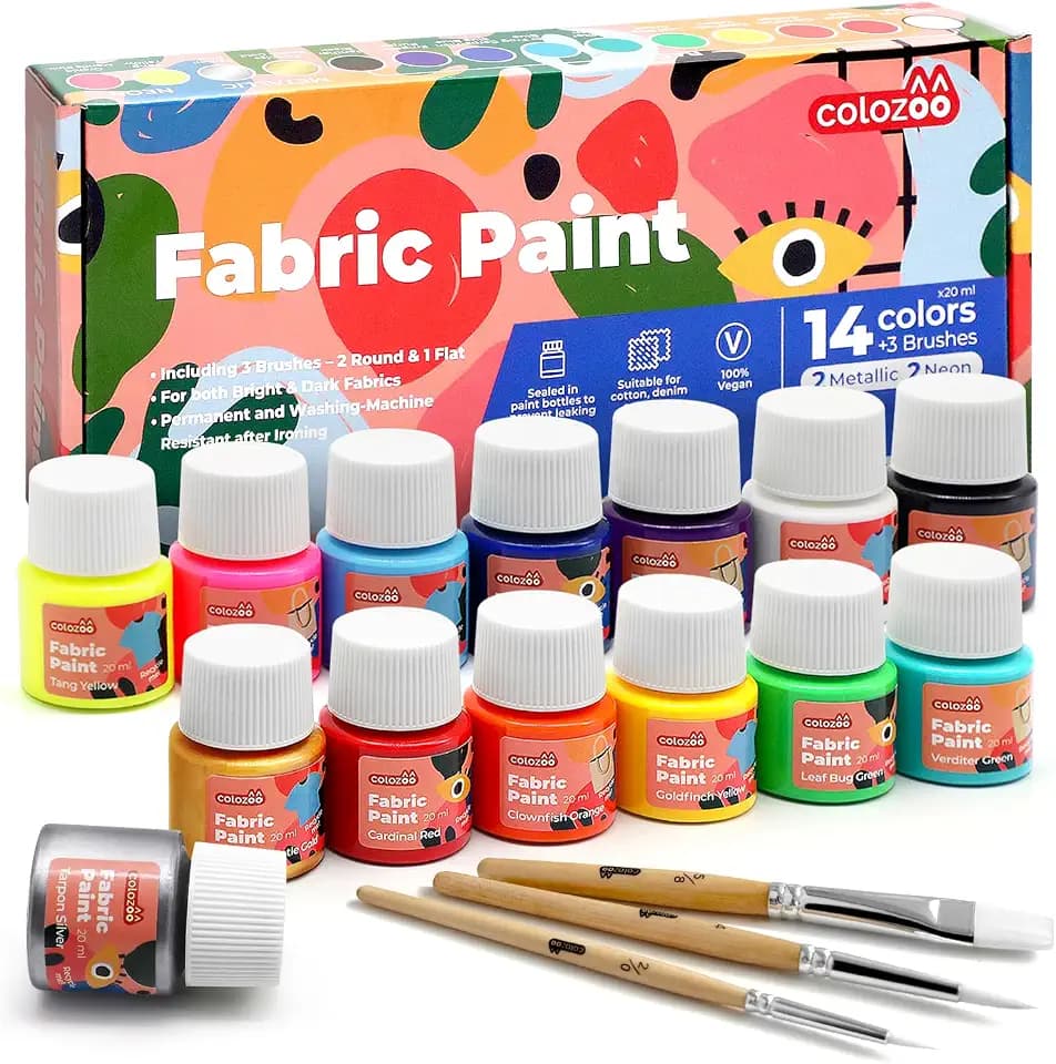 colozoo Textilfarbe Set, 14x20ml waschfest inkl. Gold Silber Neonfarben