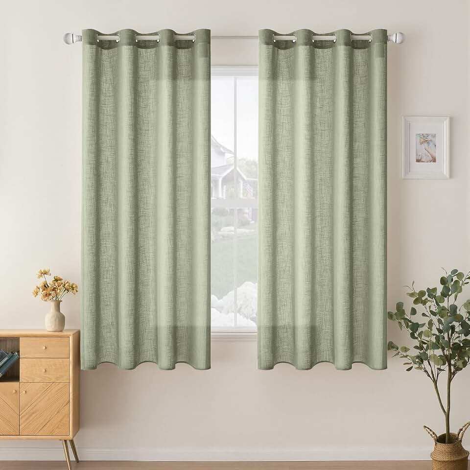 Woaboy Leinen Kruz Gardinen Vorhänge Ösen 2er 140x145cm Graugrün | Leinenoptik und halbtransparentes Gewebe für Wohnzimmer und Schlafzimmer, moderne Stores mit weichem Licht.