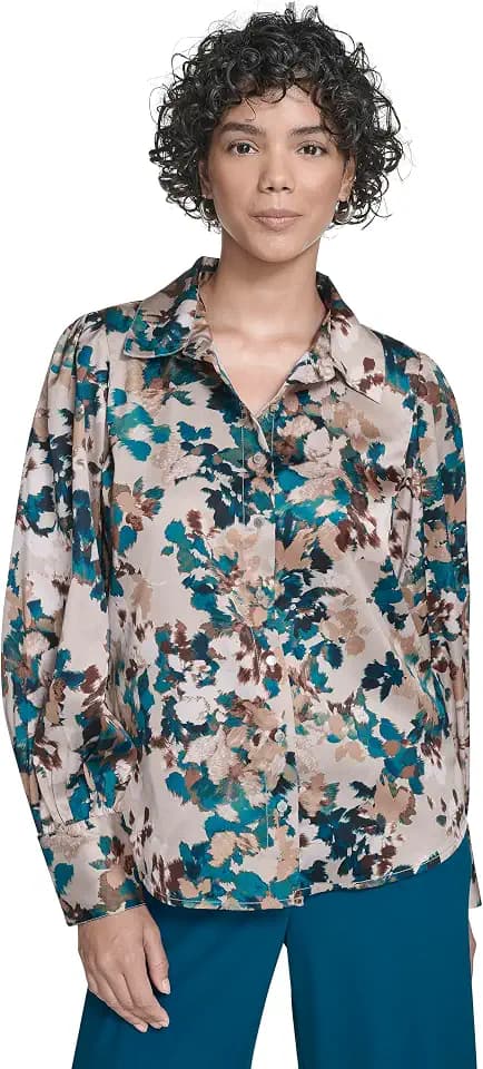 Calvin Klein Women's Button Up Collared Cuffed Lantern Sleeves Blouse