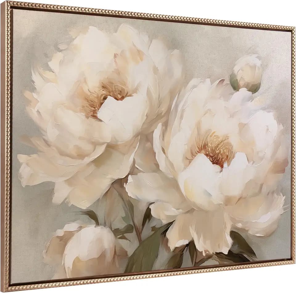 Kate and Laurel Sylvie Beaded Painterly Peonies Vintage Framed Canvas Wall Art by The Creative Bunch Studio, 31.5x41.5 Gold, Soft Flower Art for Wall