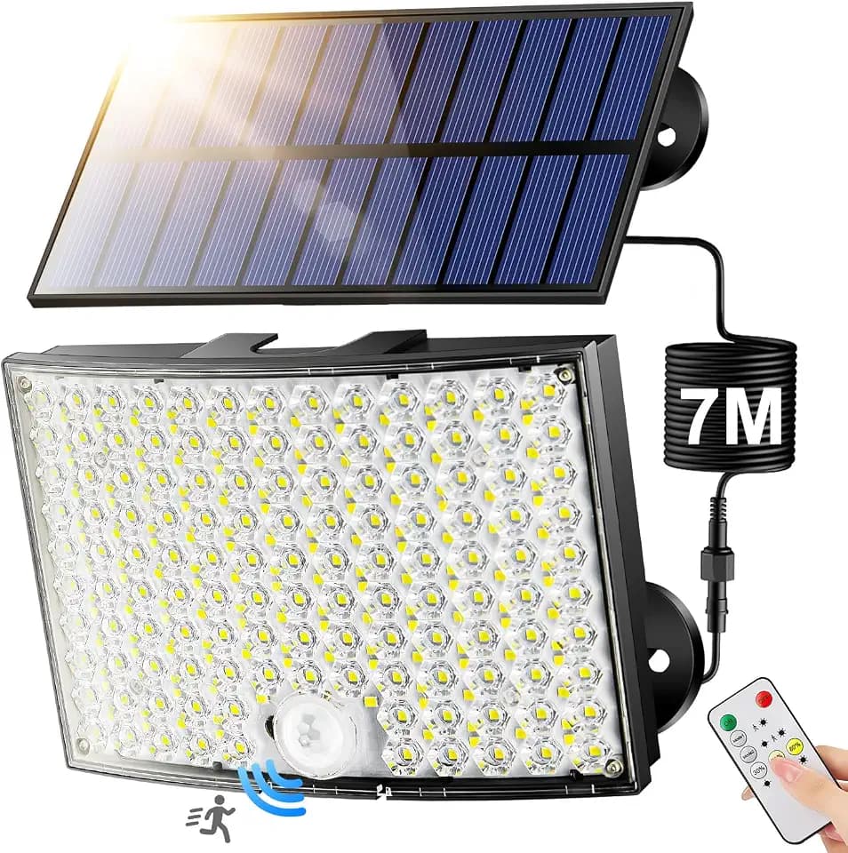 Solarlampen mit Bewegungsmelder Außen [268LED/5Modi/7M], Led Solar Strahler mit Fernbedienung, IP65 Wasserdicht für Garten, Garage