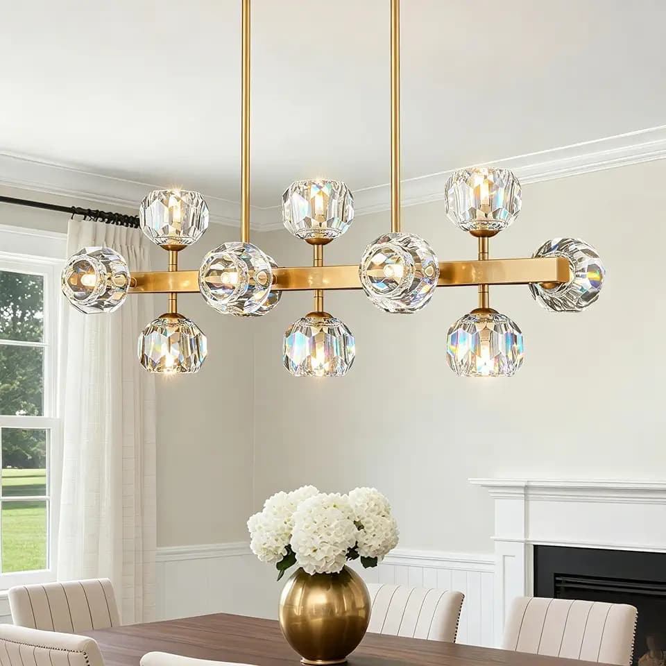Modern Linear Chandeliers for Dining Room Light Fixture, Crystal Chandeliers Adjustable Height Hanging Light Over Table, 12 Lights Gold Lighting Fixtures for Living Room Bedroom Kitchen Island