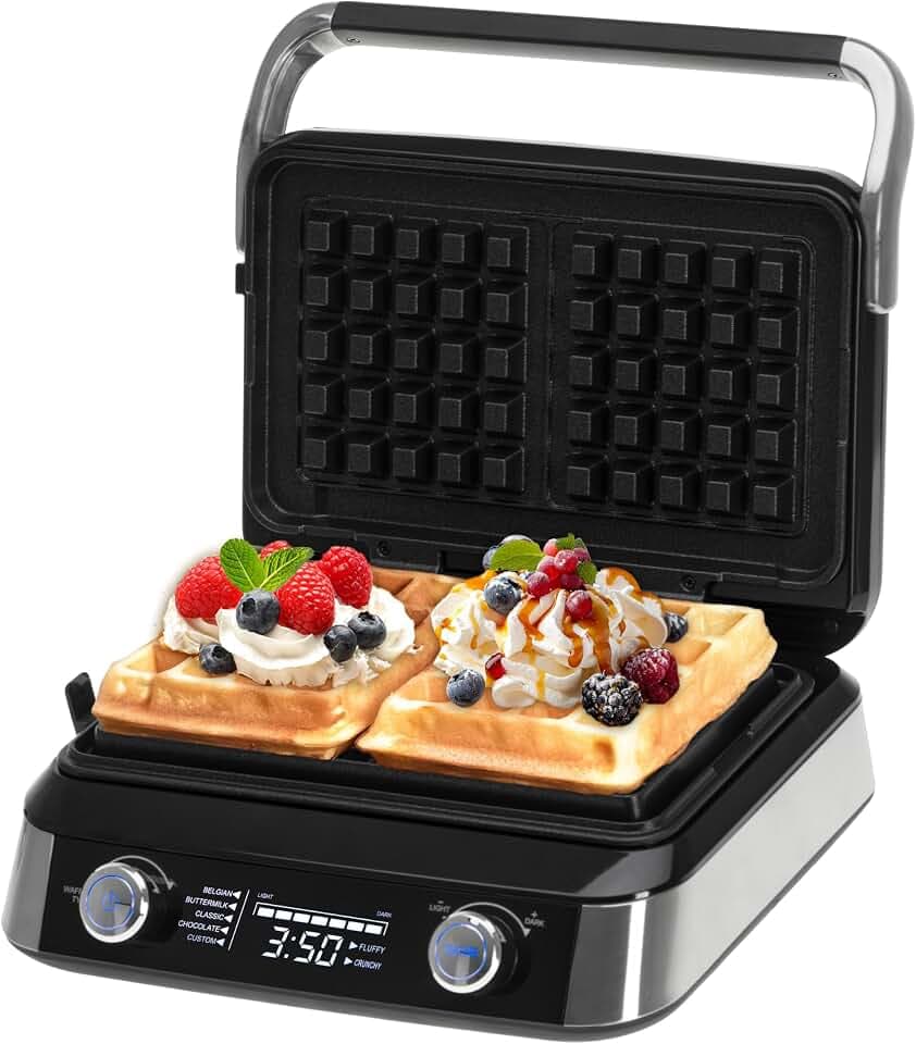 ADLER EUROPE Waffeleisen Belgische Waffel – Doppelwaffeleisen mit LCD Display – 2400W Waffelautomat für Butterwaffeln & Schokoladenwaffeln – 5 Programme, 7 Bräunungsstufen – Tief-Heizplatten 12x13x2cm