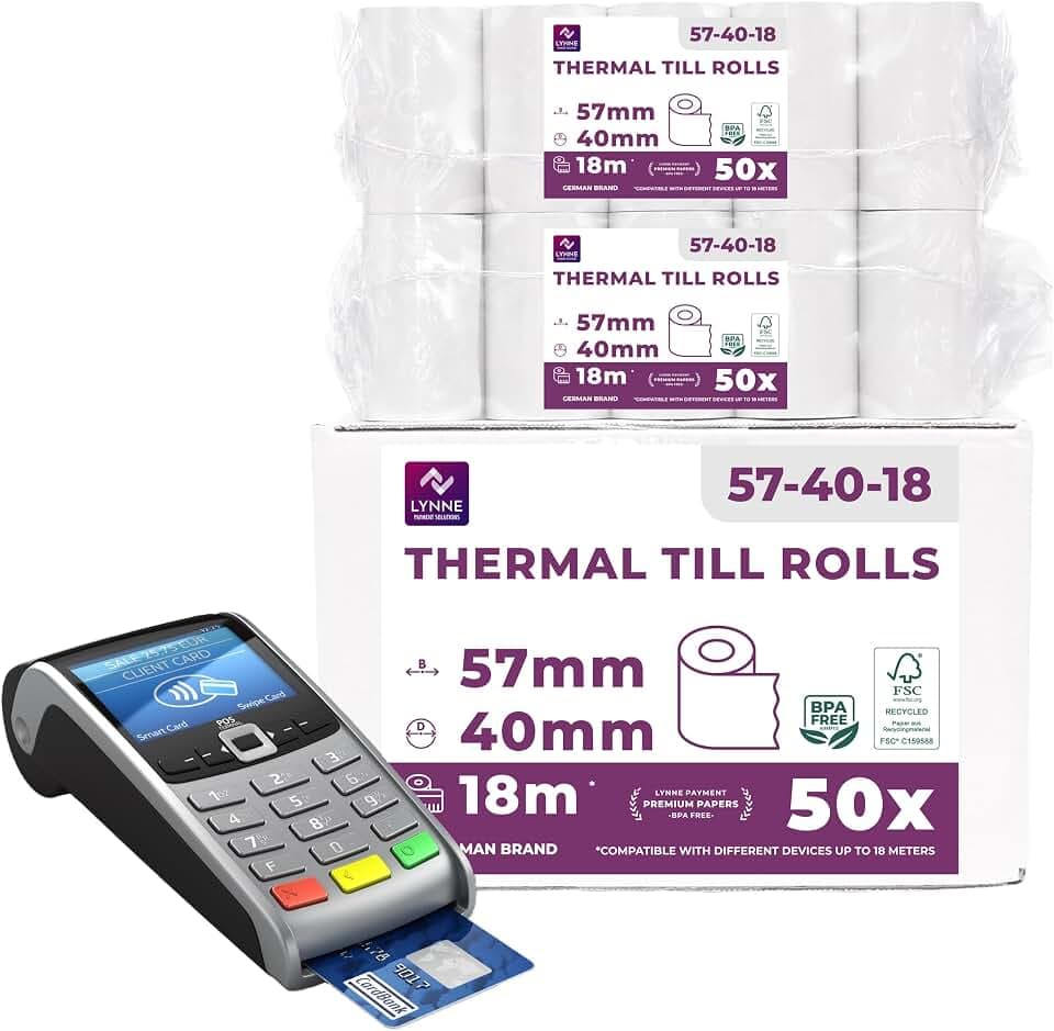 Ec-Cash Thermorollen 57mm x 18m x 12mm - Kassenrollen - Thermopapier - Bonrollen für Bankomat - Kredit-Kartenlesegeräte (57x40x12) (50 Rollen)