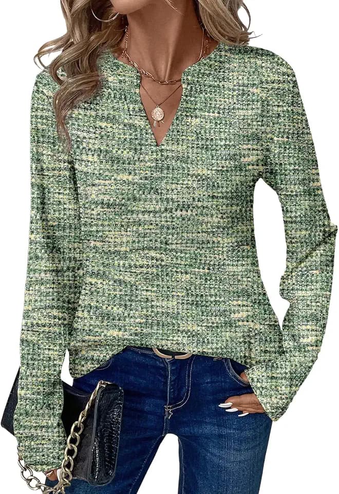 Dokotoo Womens Lightweight Sweaters V Neck Long Sleeve Waffle Knit Tops