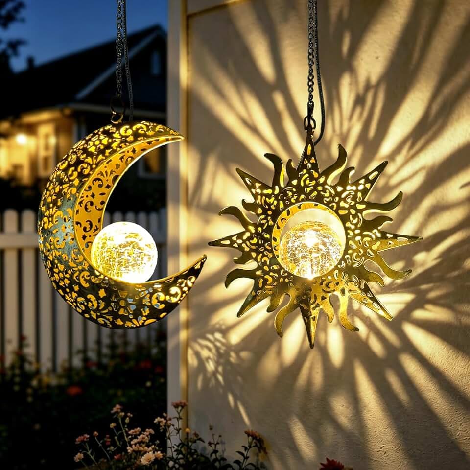 Solar Sun & Moon Lanterns Set, Hanging Decor for Garden, Gifts for Grandmom