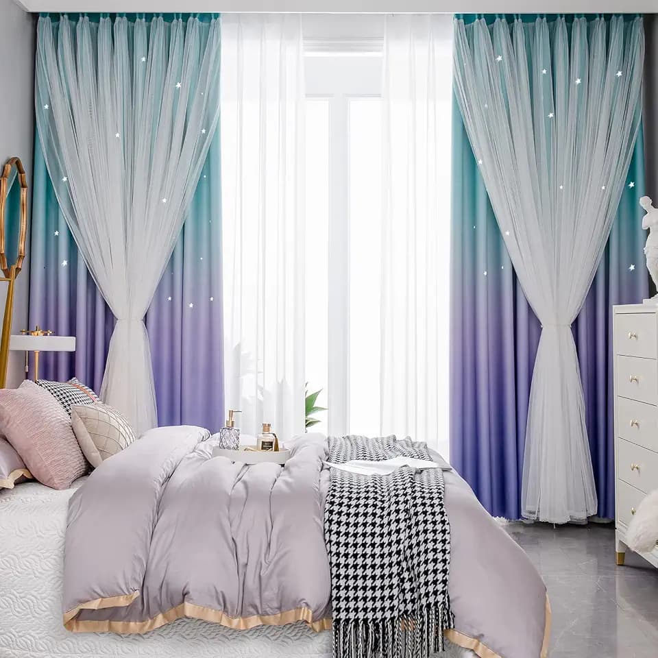 Tospass Vorhang Kinderzimmer Blickdicht Gardinen Mädchen Verdunkelungsvorhang Glänzend Sterne Vorhänge mit Ösen Voile 2er Set Gardienen für Schlafzimmer Wohnzimmer Curtains 132x240 cm Blau Lila