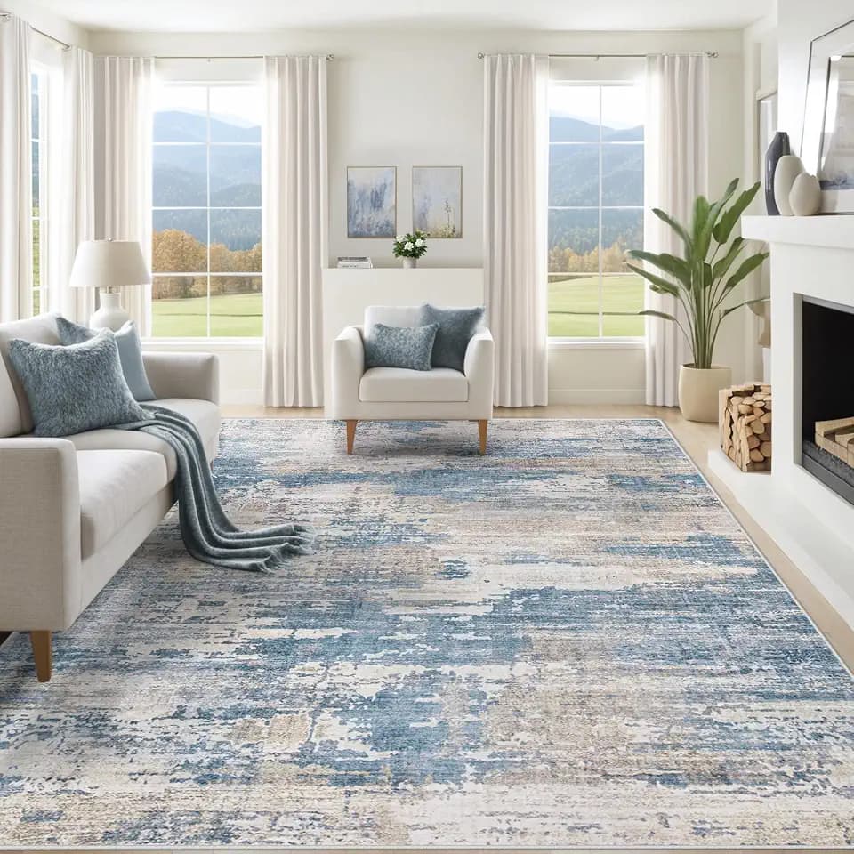XLUEZ 10x14 Area Rugs for Living Room, Washable Modern Abstract Large Area Rug Neutral Soft Non Slip Kids Rug Stain Resistant Indoor Carpet for Bedroom Dining Room Playroom Office(BlueBeige, 10'x14')