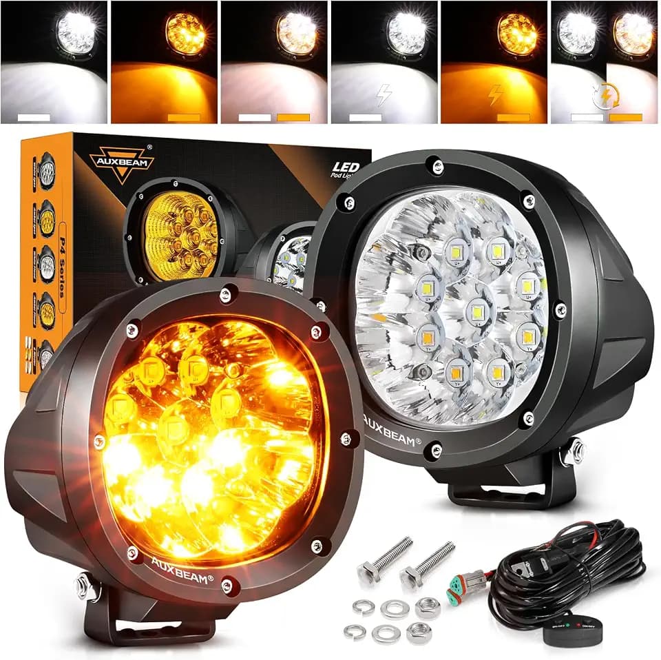 Auxbeam P4 Series 4In Round Offroad Light, 6 Modes Amber White Strobe Pods