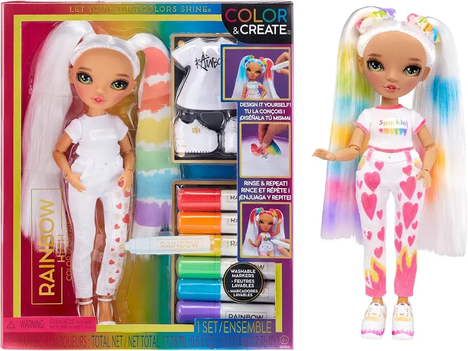 Rainbow High Color & Create DIY Modepuppe - Grüne Augen, Zöpfe, extra Top & Schuhe, abwaschbare Regenbogenstifte - Ausmalen, Gestalten, Spielen, Auswaschen - für Kinder von 4-12 Jahren und Sammler