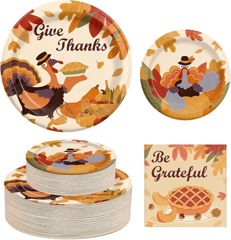 Thanksgiving Paper Plates and Napkins Set 150 Count, Heavy Duty 10'' and 7'' Disposable Plates, Thanksgiving, Friendsgiving Party Decorations Supplies, Serve 50