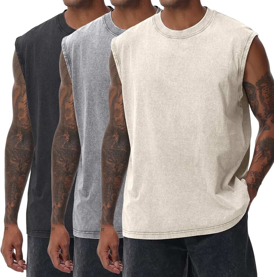 Yimoon Mens Tank Tops Workout Sleeveless Shirts Cotton Acid Wash Tees Loose Gym Muscle Shirts