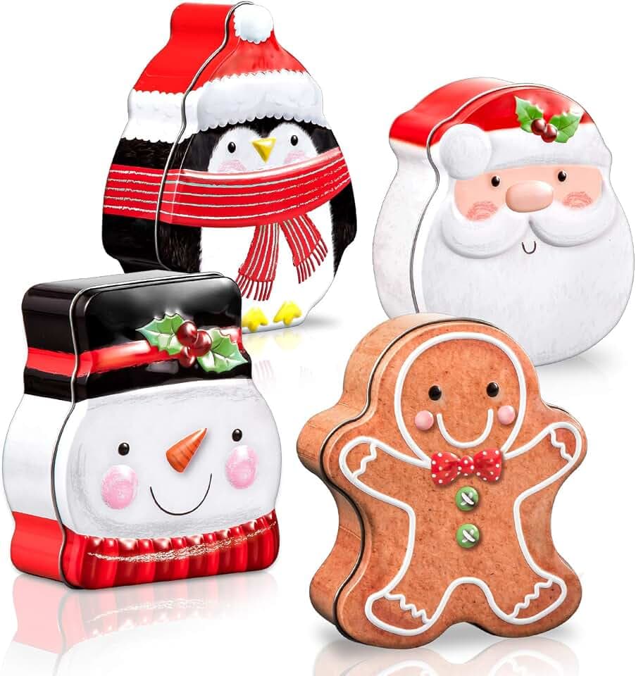 Whaline Weihnachts-Blechdose Weihnachtskarte Blechbox Metall Keksdose mit Deckel verschiedene Kartenhalter Behälter für Party Dekor Zubehör Weihnachtsmann Schneemann Lebkuchenpinguin, 4 Stück