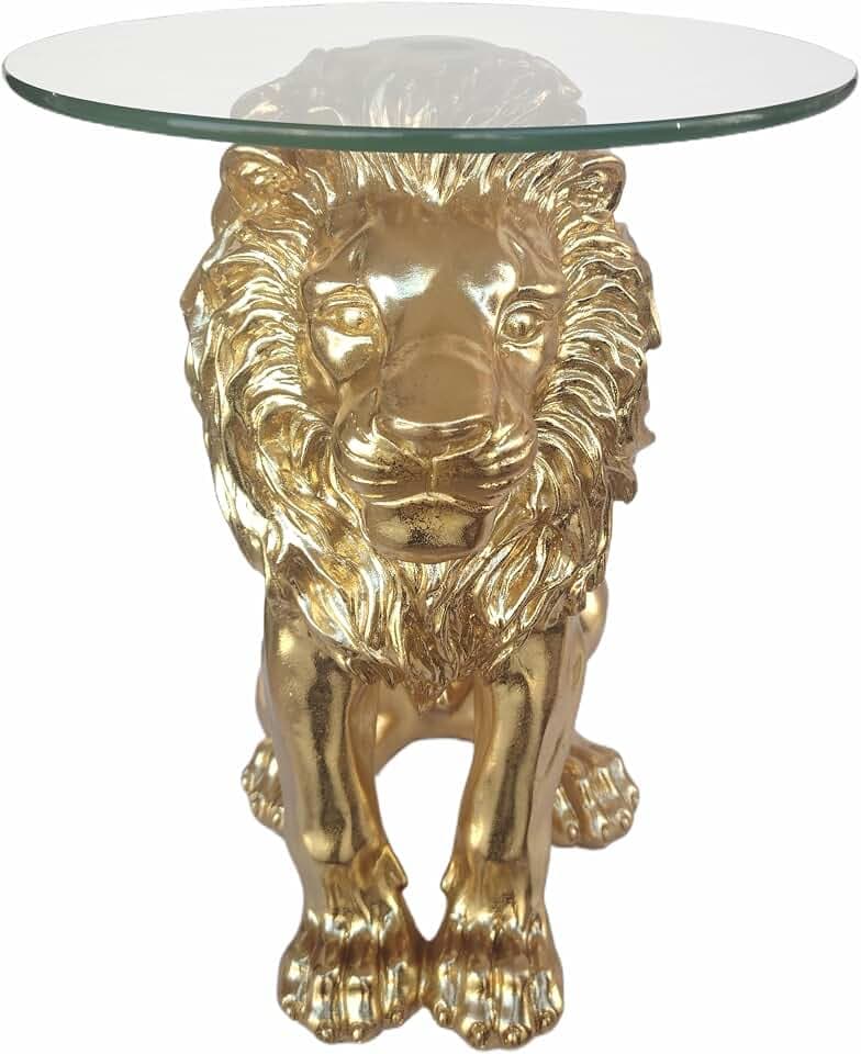 Lion Statue Side Table, 13 inch Tempered Glass Coffee Table