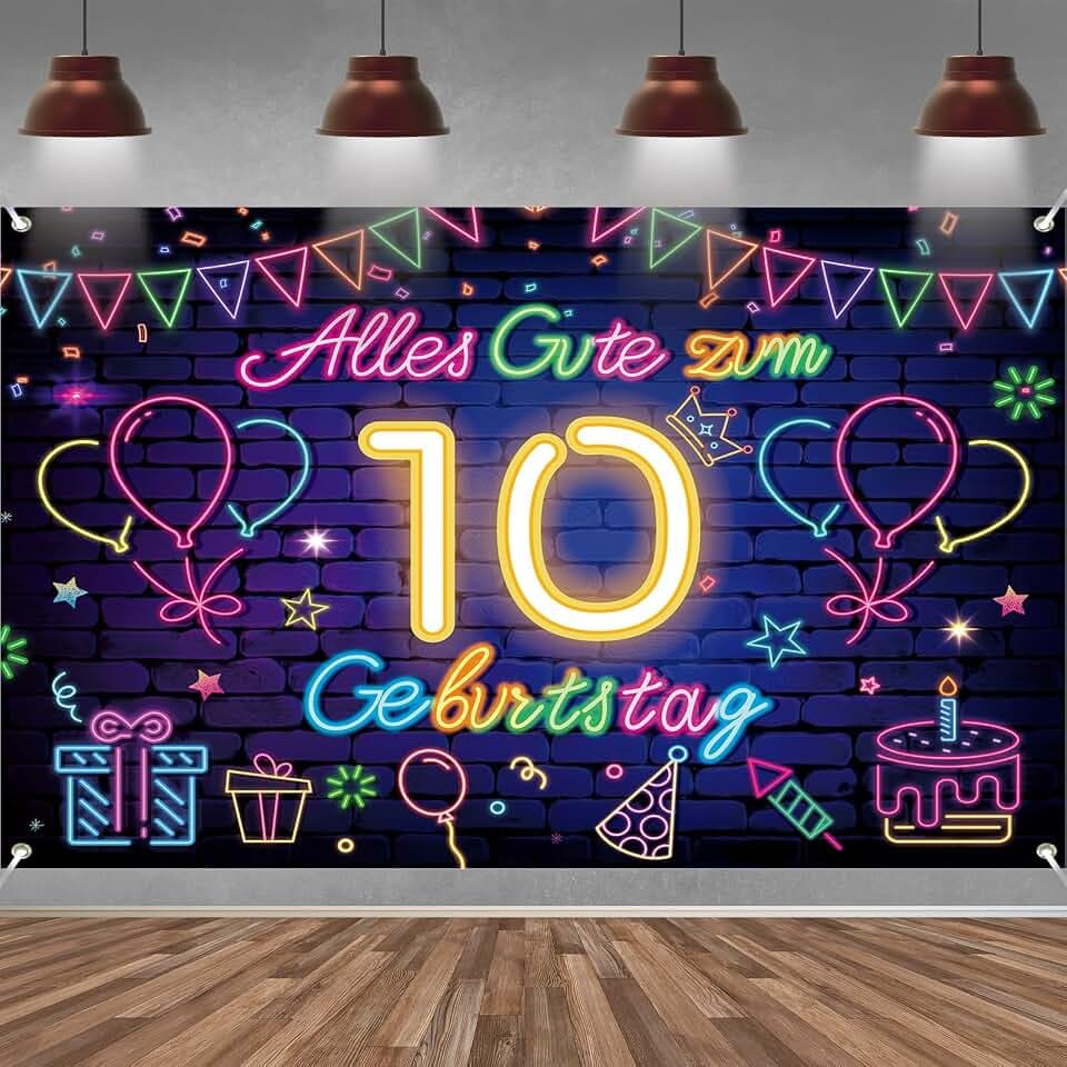 10. Geburtstag Banner für Mädchen Junge Deko Schwarz Neon 10 Geburtstag Hintergrund Banner, Extra Große Stoff Schild Poster für 10. Geburtstagsparty Deko, 210x150 cm
