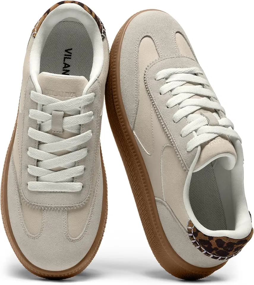 Vilanva Women's Fashion Sneakers Casual Tennis Shoes with Genuine Suede Classic Retro Gum Sole Walking Trendy Footwear