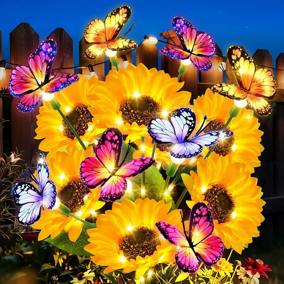 6 Pack Solar Sunflower Lights with Butterflies, Garden Light Outdoor Decor