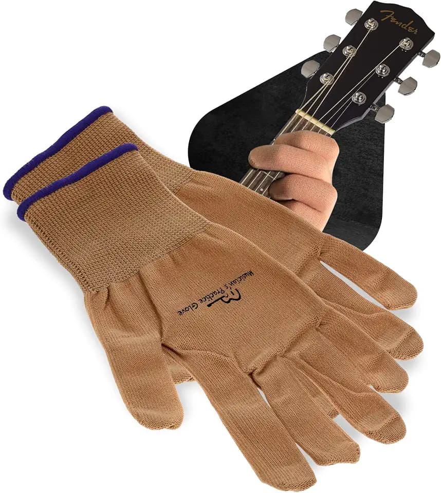 Musiker Praxis Handschuh - 2er Pack Gitarrenhandschuhe für Damen und Herren, Fingerspitzenschutz zum Spielen von Saiteninstrumenten, Handproblemen und mehr, Nylon dünne Handschuhe für Indoor/Outdoor Gigs, Medium, Beige