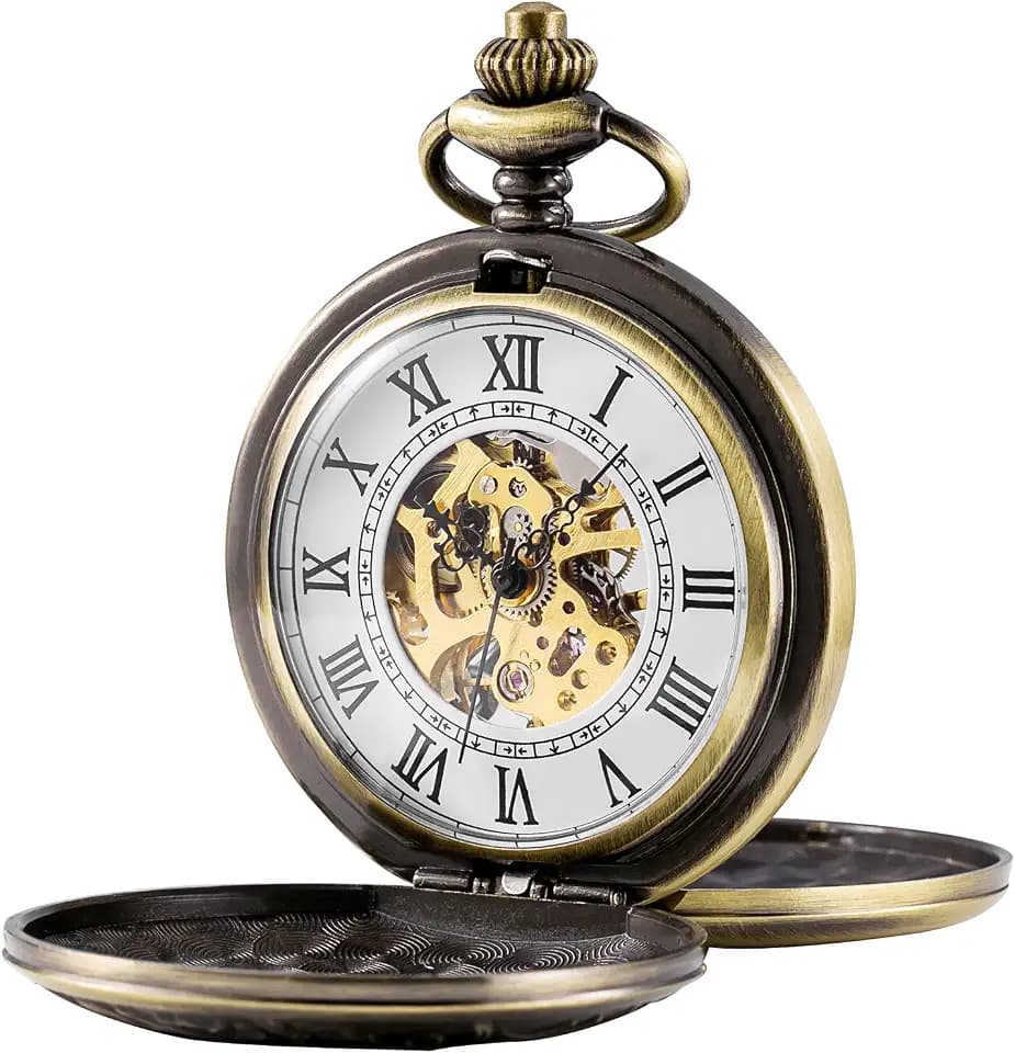 TREEWETO Unisex Taschenuhr mit Kette Analog Handaufzug Doppelscharnier Römische Ziffern Gold/Silber