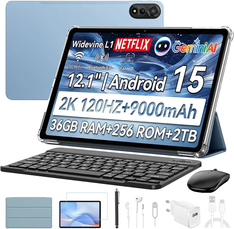 Blackview Mega2 Android 15 Tablet 12 Zoll,36GB+256GB Tablet mit Tastatur,9000mAh,Acht-Kern-Prozessor tablett 4G LTE & 5G WLAN,2K FHD,Widevine L1,Blue