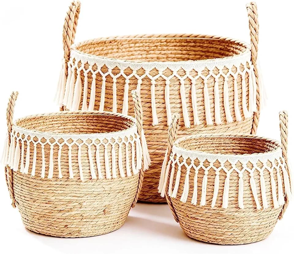 Woven Storage Basket Set of 3, Cattail with Macrame Tassels