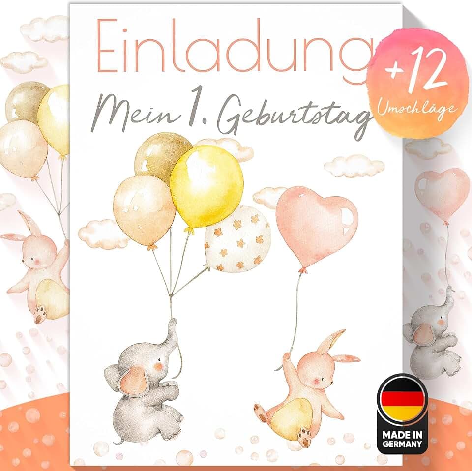 Olgs Ballon Party Einladungskarten mit Elefant & Hase, 12er Set, inkl. Umschläge, Ideal für Mädchen Kinder- & Babygeburtstag