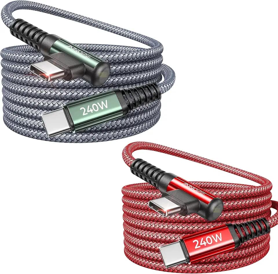 AINOPE 240W USB C to USB C Cable Fast Charging 6FT,Right Angle Fast Type C Charging Cable Fits iPhone 16 Pro Max Plus,iPhone 15,MacBook Air/Pro,iPad Pro,Samsung,Pixel,All Devices, Grey,Red 2Pack